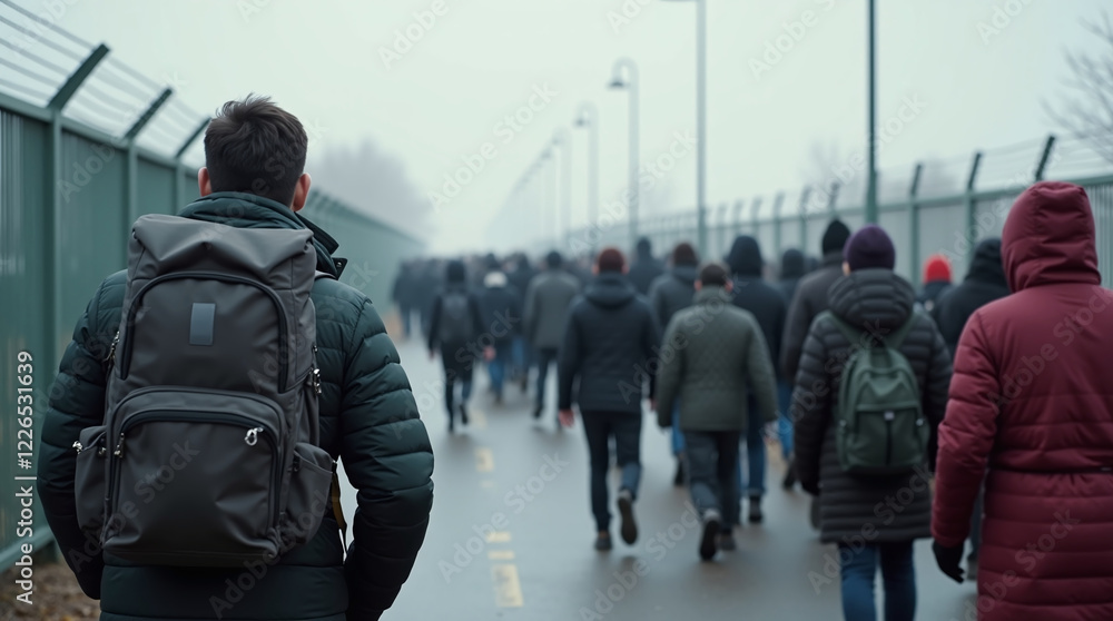 Poster a group of people walking in the same direction. in the foreground, a man in a jacket with a large b