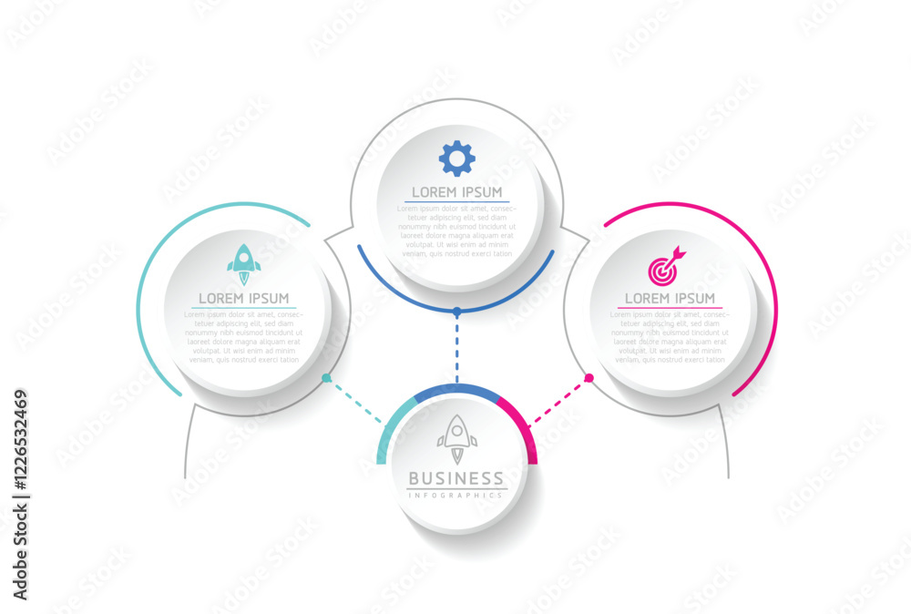 Poster vector infographic business presentation template with circular interconnection with 3 options.
