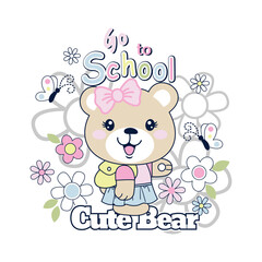 Cute bear vector surrounded by beautiful floral decoration and small insects, creating a peaceful nature scene

