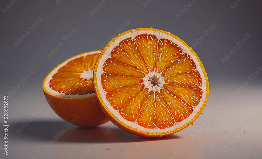 Poster Two oranges are cut in half and placed on a table. The oranges are orange and have a slightly bitter taste