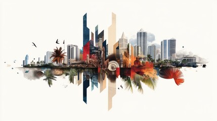 Guam History And Chamorro Heritage Day Modern urban landscape with skyscrapers, nature, birds, and abstract elements