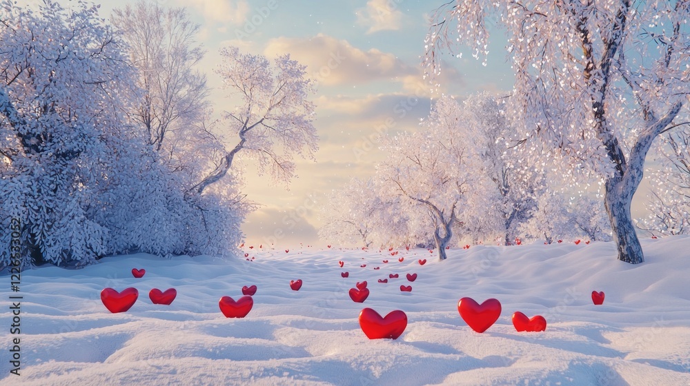 Poster Valentine mockup card elements design. Snowscape With Red Heart Shapes On Ground And Trees In Background Romantic Scene.