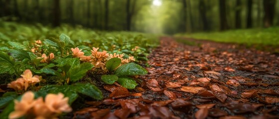 Fototapeta premium Enchanting Forest Path Spring Flowers Lush Greenery Fallen Leaves