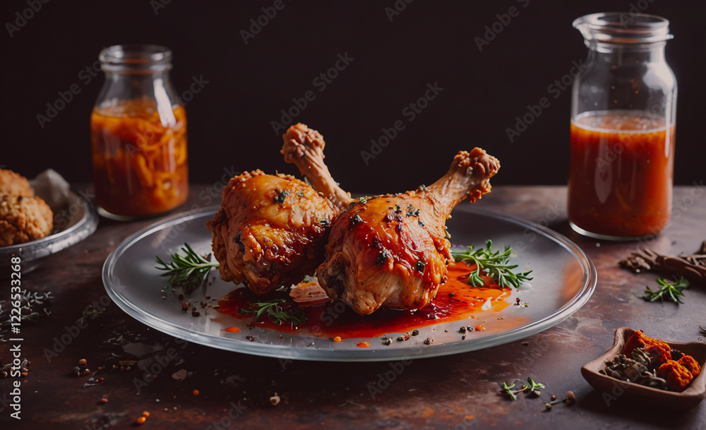 Poster a plate of chicken with sauce on it is on a table. there are two jars of sauce and a bowl of herbs