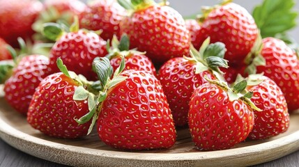 Fresh ripe strawberries on wooden plate, close-up shot; food background, healthy eating