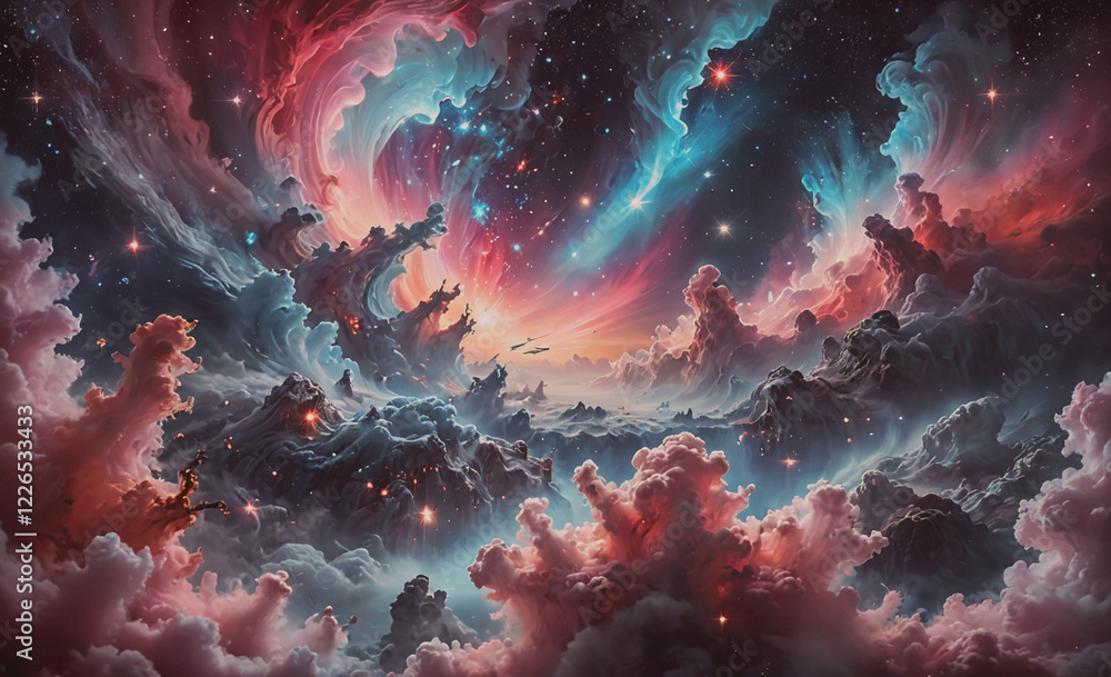 Poster a beautiful and colorful space scene with a variety of clouds and stars. the colors are vibrant and 