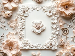 Elegant floral frame with decorative flowers and golden ring on a light background