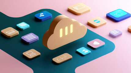 cloud icon surrounded by various application icons on background