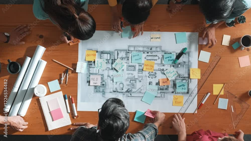 Aufkleber top view of civil engineer writing and planning by using sticky notes to brainstorm idea. top down a