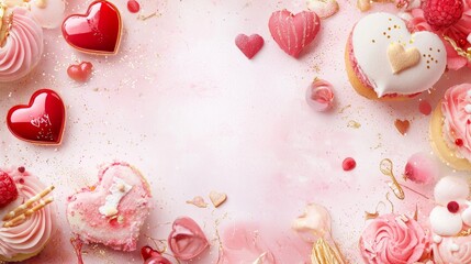 Fototapeta premium Valentine mockup card elements design. Sweet Treats Heart Shaped Pastries and Candies Romantic Pink Background Still Life Food Art.