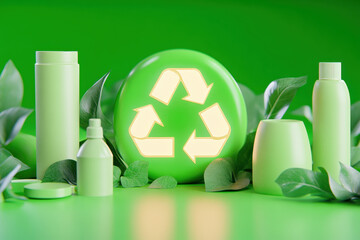 Eco friendly packaging with green products and recycling symbol