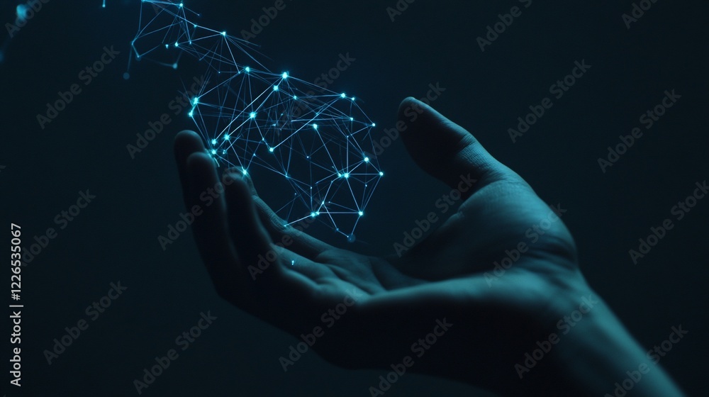 Poster hand holding a glowing network structure symbolizing connection and technology concept