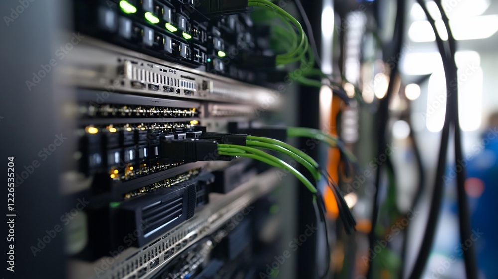 Poster close-up of server rack with green cables and blinking lights indicating network activity