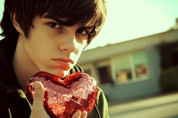 Sign of love and affection. Youth valentine's day greeting card: adolescent boy with begging eyes face holds red heart in hands. Commercial ad campaign conceptual art. Love story concept.