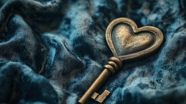 Heart shaped key on a textured blue fabric surface romantic vintage love concept still life