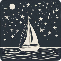 The Tranquil Sailboat: Navigating Under the Starry Night Sky with the Moon Illuminating Gentle Waves