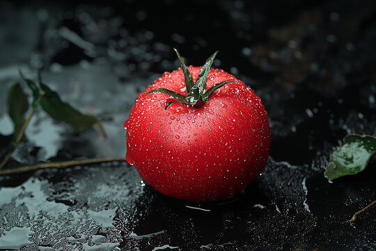 tomat with water droplets on a dark background