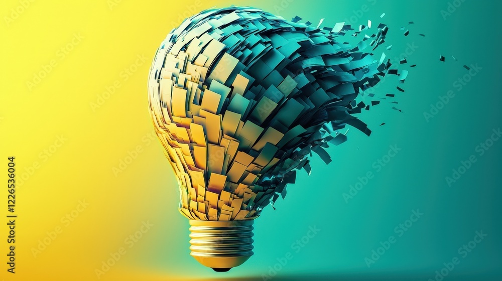 Poster dynamic light bulb design in yellow and teal with abstract shattering effect