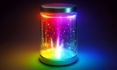 Rainbow energy glows in glass jar on dark background; digital art
