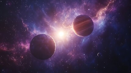 Three planets in space nebula background stars moon