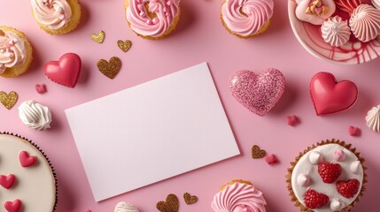 Valentine mockup card elements design. Valentines Day Treats Card Blank Surrounded By Festive Pastries And Heart Shaped Candy.