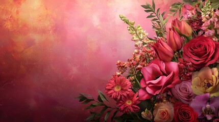 Valentine mockup card elements design. Vibrant Floral Arrangement with Red Roses and Pink Hues Against Textured Background.