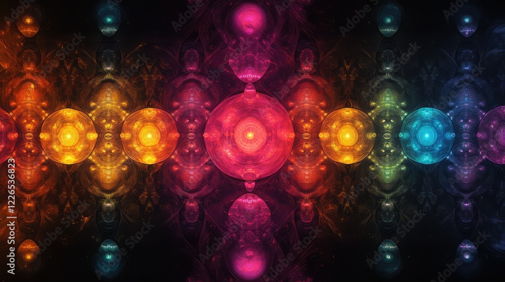 Poster vibrant energy waves in a cosmic spectrum featuring colorful spheres and abstract patterns represent