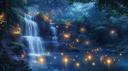 Enchanting Waterfall in a Magical Night Forest with Fairy Lights