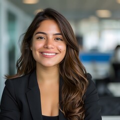 Fototapeta premium Smiling businesswoman office portrait, professional headshot, blurred background, corporate website