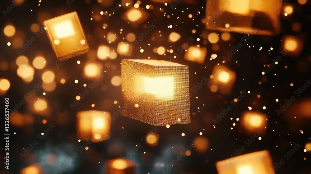 Poster Magical luminescent lanterns floating in the night sky, surrounded by sparkling particles and a dreamy atmosphere, creating an enchanting visual effect of light and wonder.