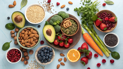 Top-Down View of Healthy Food Ingredients Featuring Colorful Fruits, Vegetables, Assorted Nuts, Seeds, and Organic Superfoods on a White Background