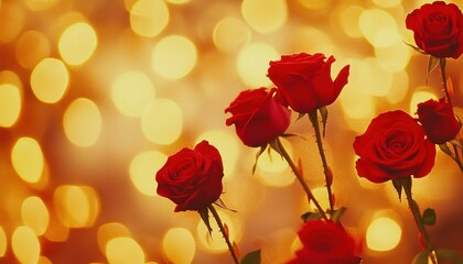 Romantic Red Roses with Golden Bokeh Background