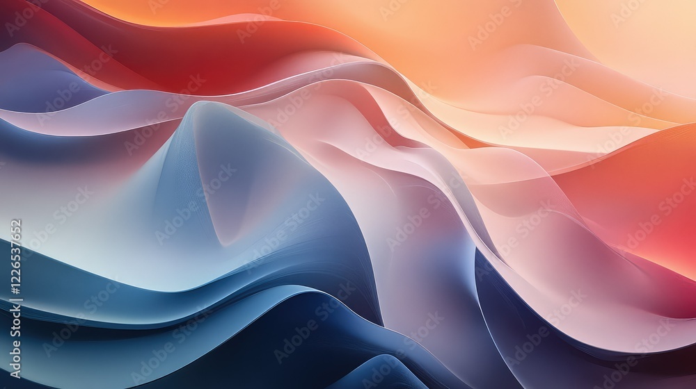 Poster abstract wave patterns in soft colors of red, blue, and cream creating fluid motion and depth for ar
