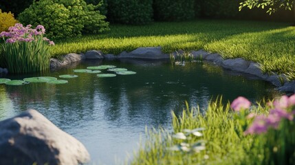 Serene Pond Scene with Lush Greenery and Pink Flowers in Tranquil Setting