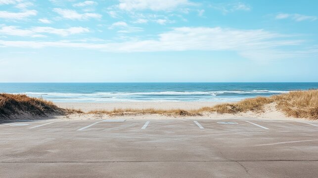 Coastal parking space with sand dunes and ocean waves in the background, summer vibes