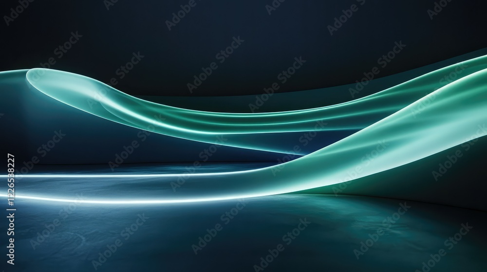 Poster abstract composition of flowing light waves in a dark space showcasing an ethereal and modern atmosp