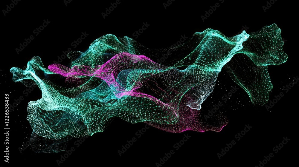 Poster abstract flowing waves of colorful particles in a dark background, representing digital vortex and d