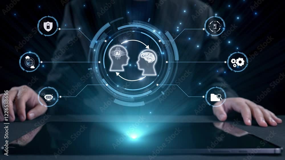 Poster human interact with ai artificial intelligence brain processor in concept of ai artificial intellige