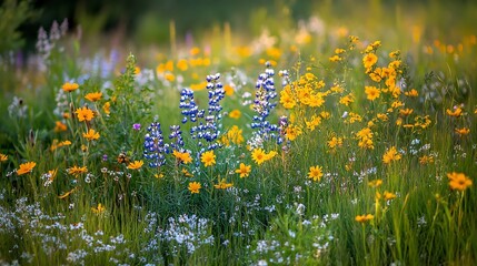 Fototapeta premium Vibrant wildflowers in a summer meadow bathed in golden sunlight.