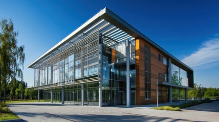 Obraz premium Modern office building with glass facade and wooden panels under blue sky