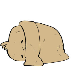 An amusingly drawn bird curled up in a cozy position, resembling a loaf of bread, radiating warmth and humor