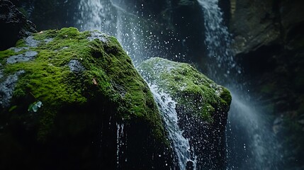 Mossy rocks cascading waterfall.