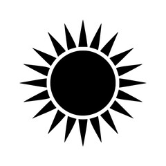 Simple Sun Icon: A bold, black silhouette of a sun with sharp, pointed rays. Perfect for representing summer, warmth, and energy. 