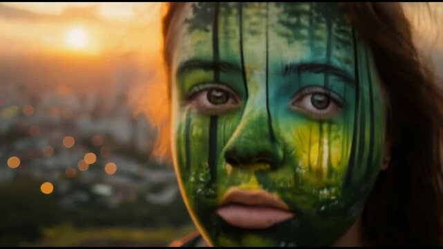 Activist with a Painted Face Depicting a Forest to Advocate for Environmental Conservation