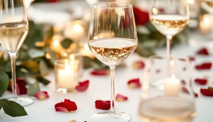 Romantic Table Setting with White Wine and Rose Petals