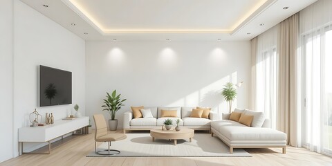 Fototapeta premium Modern minimalist living room interior design with sectional sofa