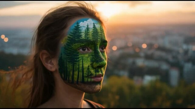 Activist with a Painted Face Depicting a Forest to Advocate for Environmental Conservation