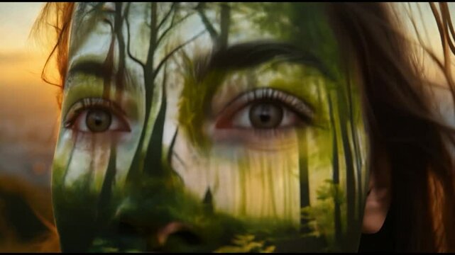 Activist with a Painted Face Depicting a Forest to Advocate for Environmental Conservation