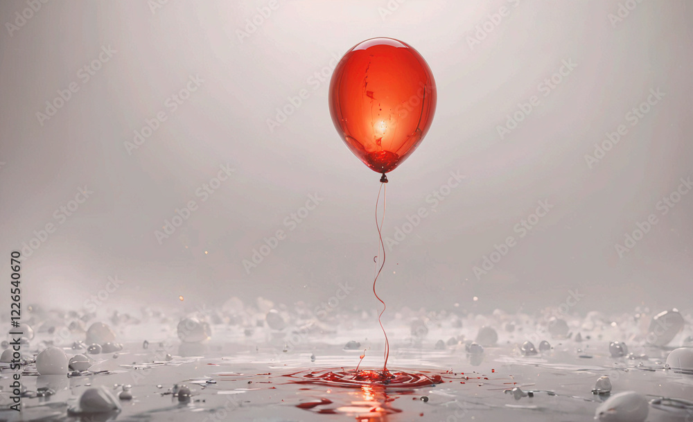 Poster a red balloon is floating in the air above a body of water. the scene is dark and moody, with the ba
