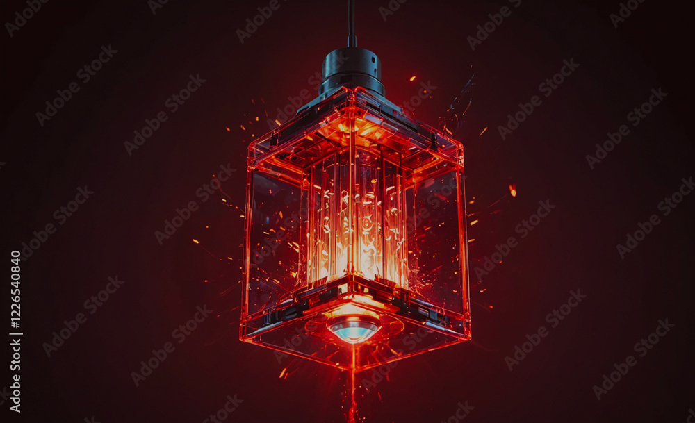 Poster a red cube shaped lamp with a light inside. the light is glowing and casting a warm, inviting glow o